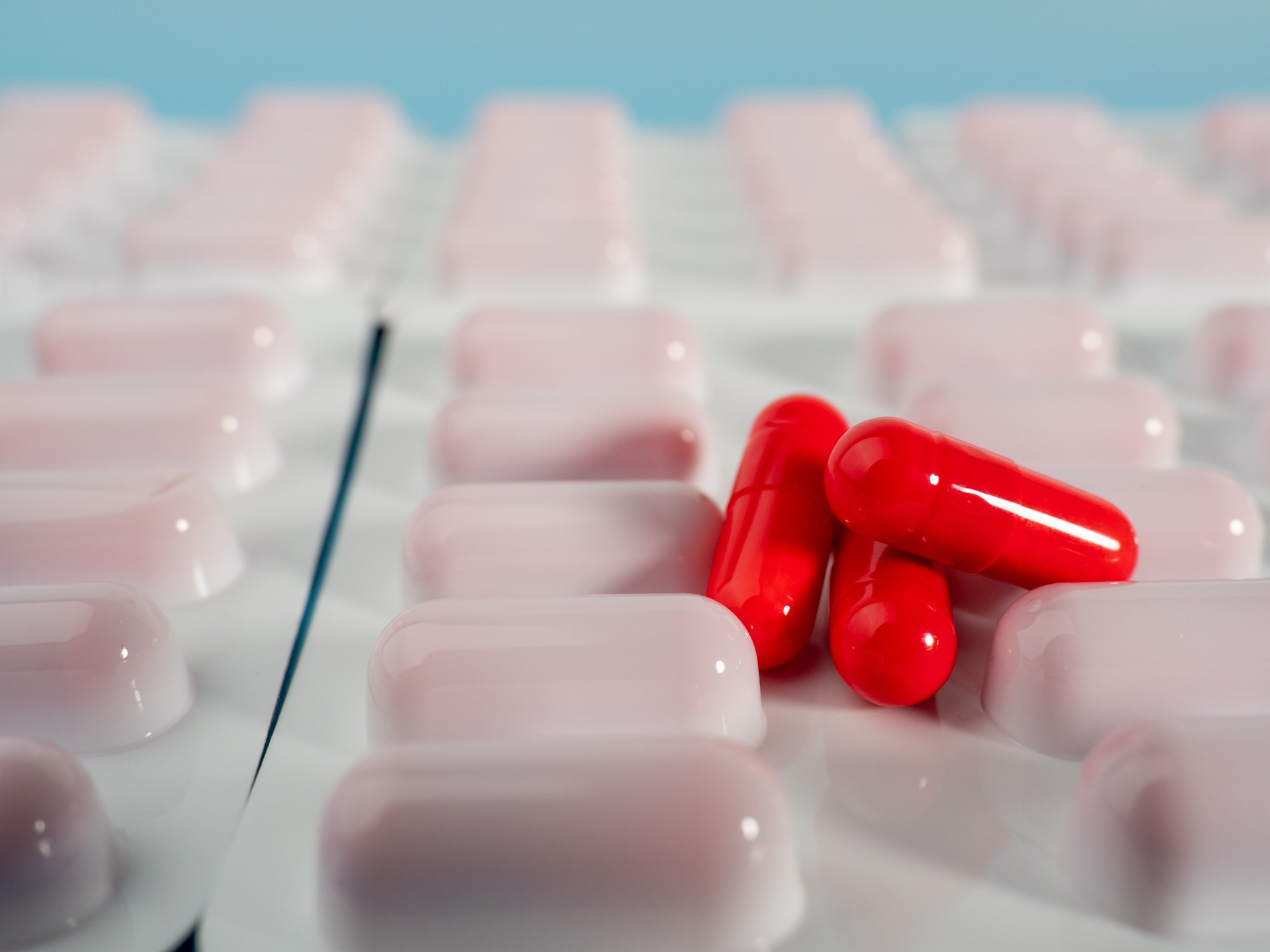 Red medical capsules. Capsules in a blister pack.